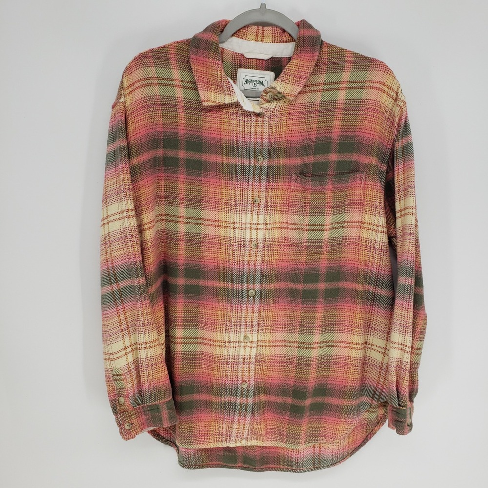 American Eagle Plaid Button Down Shirt Womens Sz M Pink Green Flannel Cotton 90s